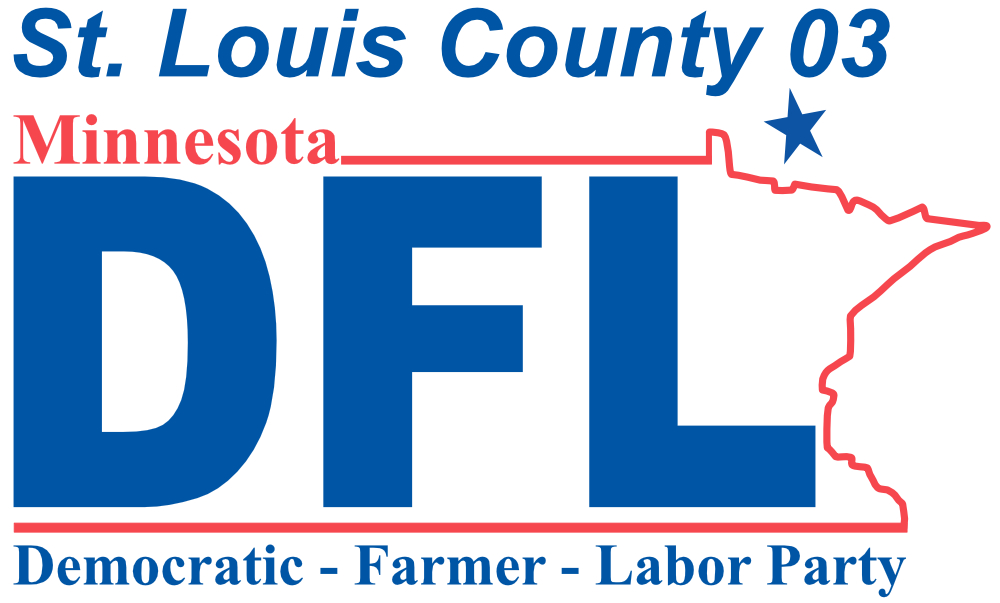 blue and red logo, text: st. louis county 03, minnesota dlf, democratic, farmer, labor party.